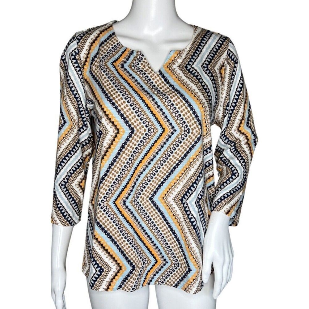 Chicos Shirt Womens Small 0 Blue White Multi Chevron Tunic Top Tee Basic Casual